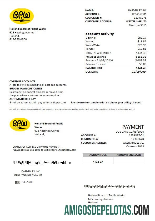 imprimível Modelo de conta de serviços públicos BPW da Holanda em formato Word e PDF